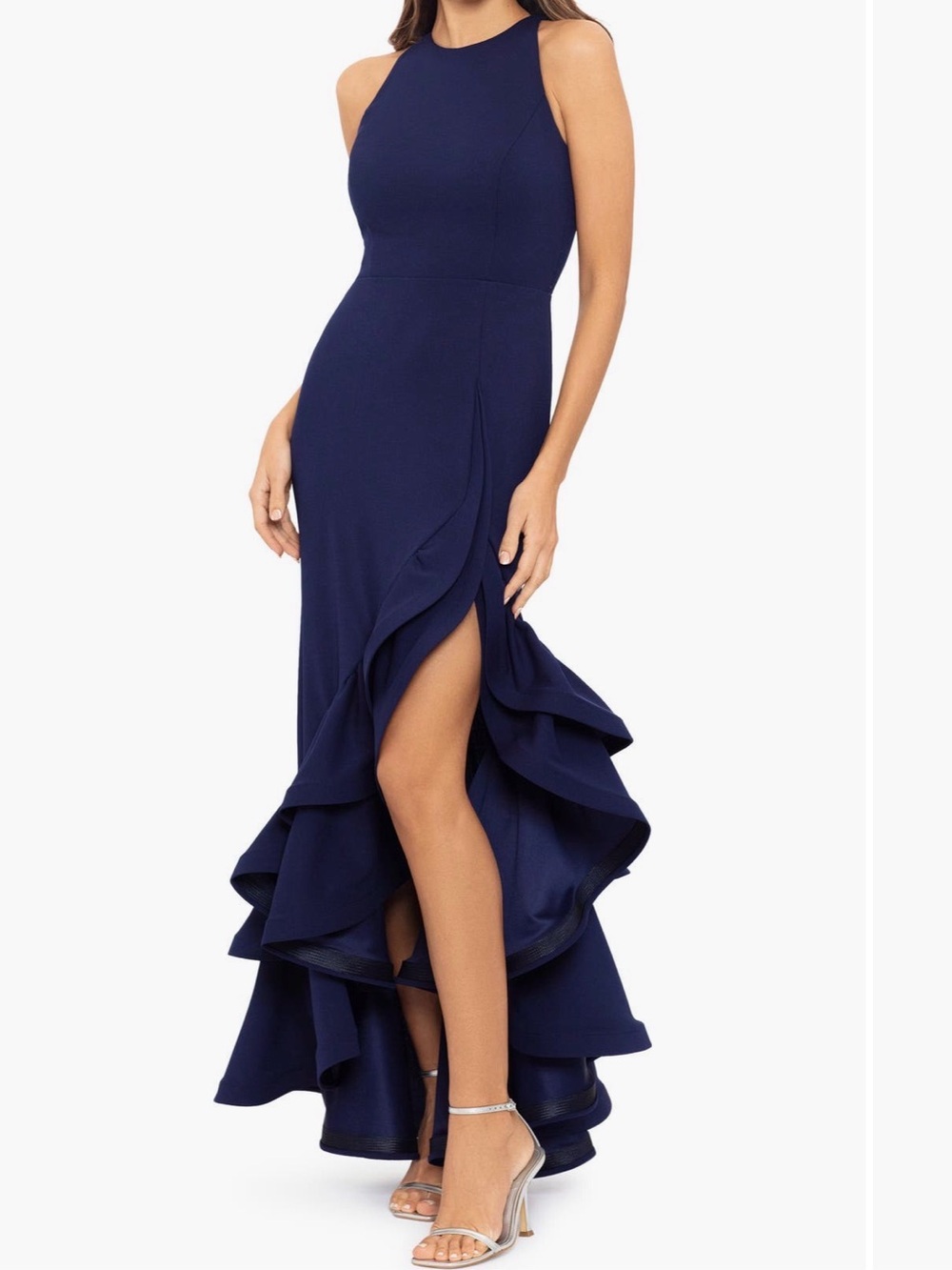 Betsy & Adam Black High-Low Ruffle Evening Gown